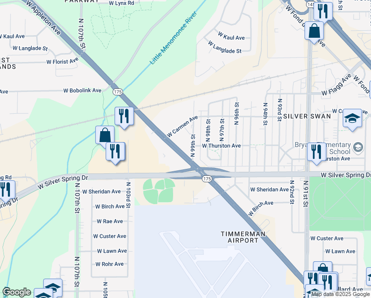 map of restaurants, bars, coffee shops, grocery stores, and more near 9909 West Appleton Avenue in Milwaukee