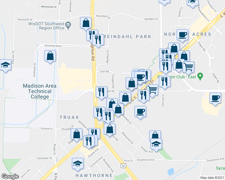 map of restaurants, bars, coffee shops, grocery stores, and more near 1705 Onsgard Road in Madison