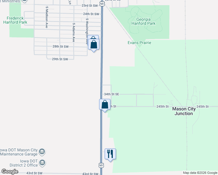 map of restaurants, bars, coffee shops, grocery stores, and more near 16020-16116 34th Street Southeast in Mason City