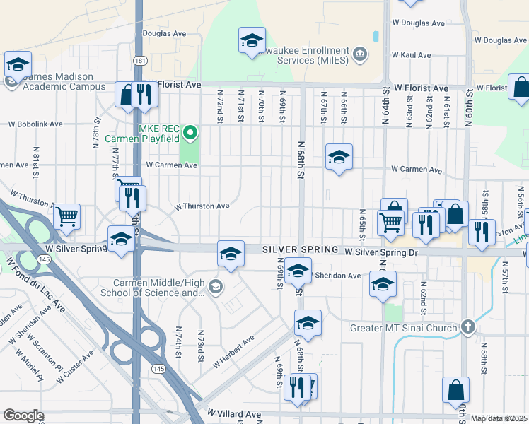 map of restaurants, bars, coffee shops, grocery stores, and more near 5635 North 70th Street in Milwaukee