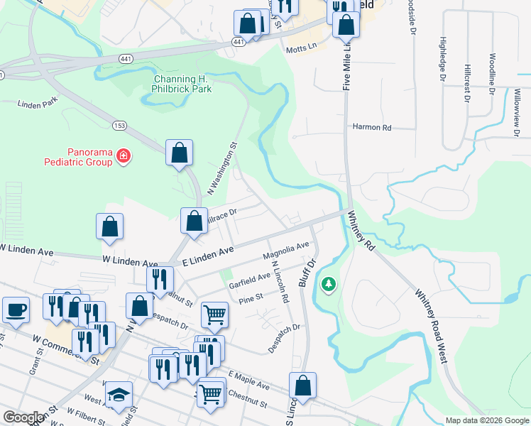 map of restaurants, bars, coffee shops, grocery stores, and more near 277 East Linden Avenue in East Rochester