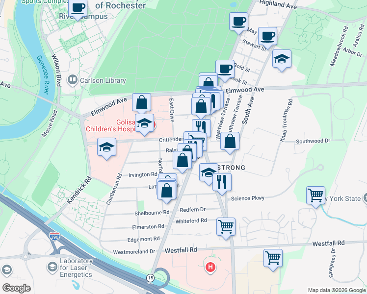 map of restaurants, bars, coffee shops, grocery stores, and more near 32 Rossiter Road in Rochester