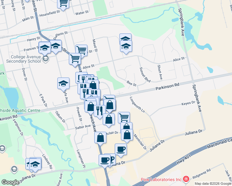 map of restaurants, bars, coffee shops, grocery stores, and more near 840 Parkinson Road in Woodstock