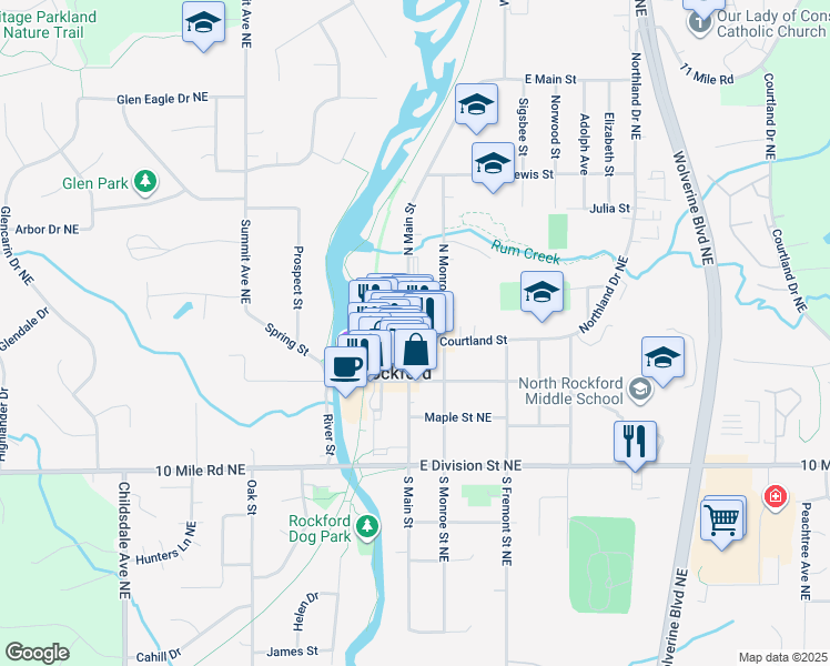 map of restaurants, bars, coffee shops, grocery stores, and more near 101 Courtland Street in Rockford
