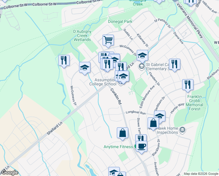 map of restaurants, bars, coffee shops, grocery stores, and more near in Brantford