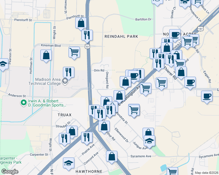 map of restaurants, bars, coffee shops, grocery stores, and more near 1607 Mendota Street in Madison