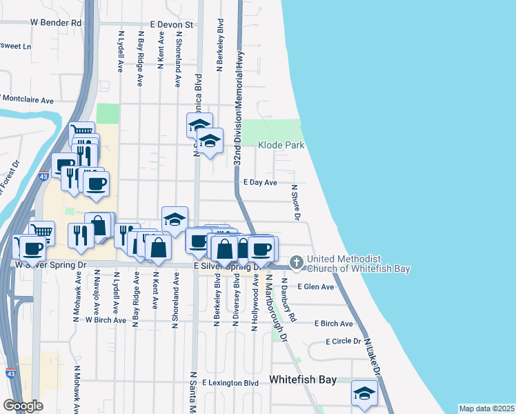 map of restaurants, bars, coffee shops, grocery stores, and more near 609 East Lake View Avenue in Whitefish Bay