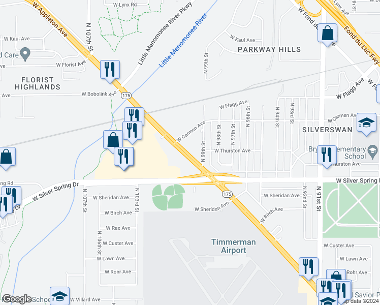 map of restaurants, bars, coffee shops, grocery stores, and more near 10004 West Appleton Avenue in Milwaukee
