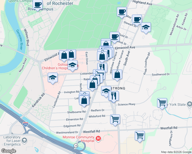 map of restaurants, bars, coffee shops, grocery stores, and more near 32 Rossiter Road in Rochester