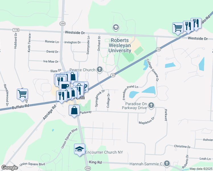 map of restaurants, bars, coffee shops, grocery stores, and more near 7 College Drive in North Chili