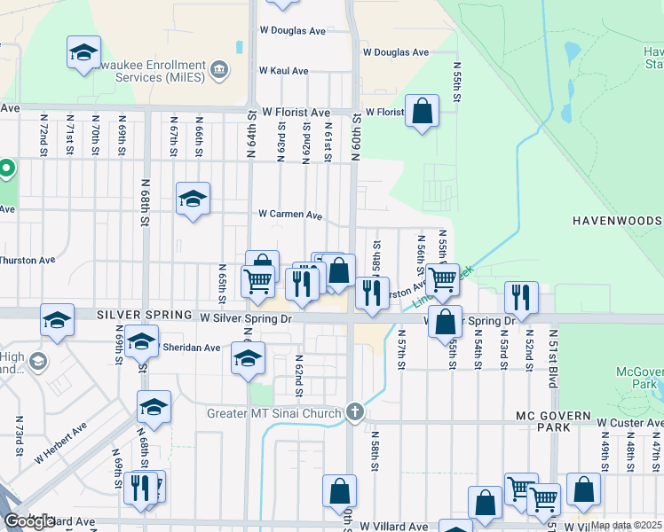 map of restaurants, bars, coffee shops, grocery stores, and more near 5640 North 61st Street in Milwaukee