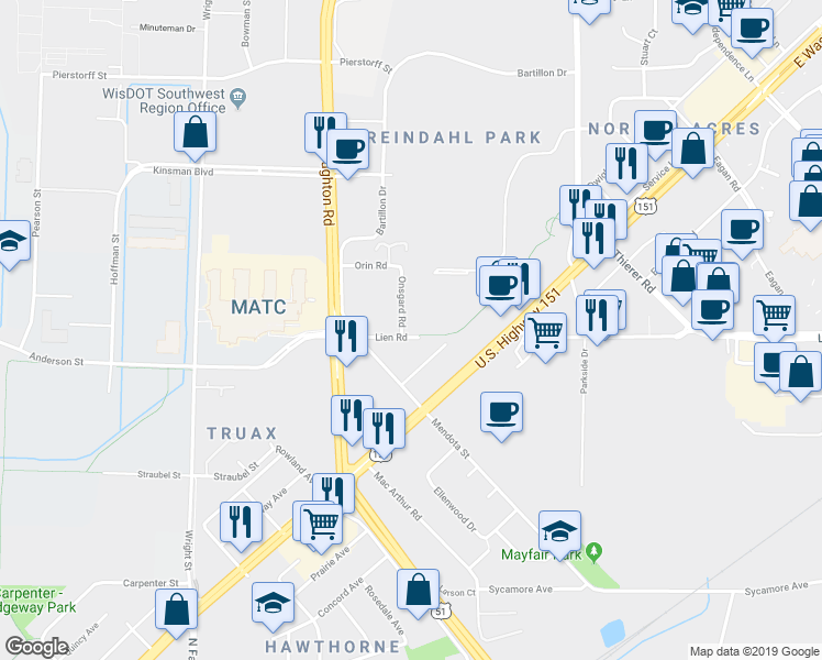 map of restaurants, bars, coffee shops, grocery stores, and more near 1607 Mendota Street in Madison