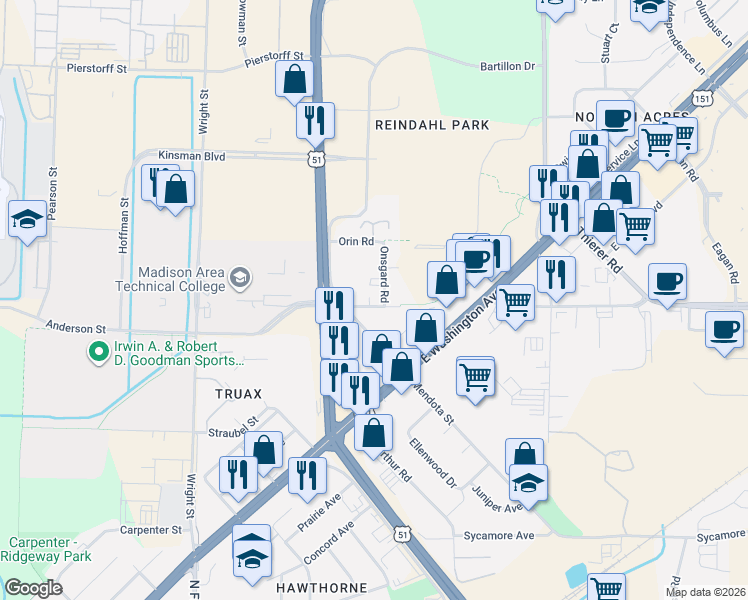 map of restaurants, bars, coffee shops, grocery stores, and more near 1625 Mendota Street in Madison