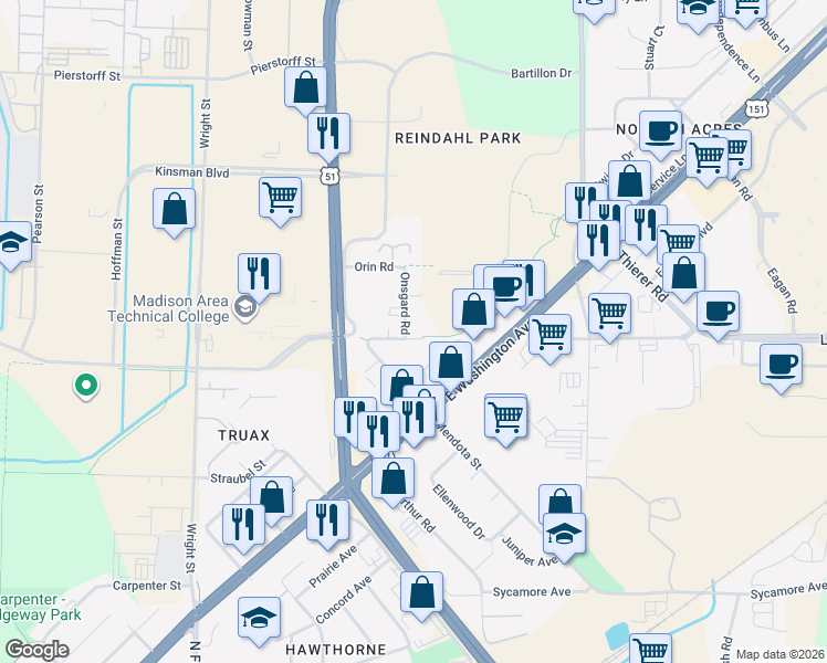 map of restaurants, bars, coffee shops, grocery stores, and more near 3802 Lien Road in Madison