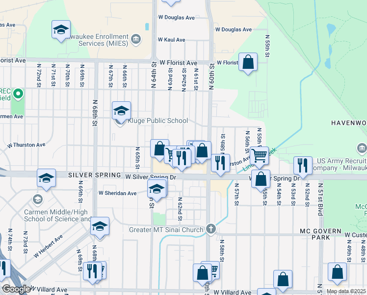 map of restaurants, bars, coffee shops, grocery stores, and more near North 62nd Street & West Thurston Avenue in Milwaukee