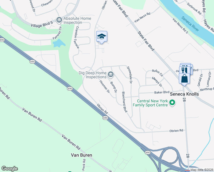 map of restaurants, bars, coffee shops, grocery stores, and more near 110 Hosmer Drive in Syracuse