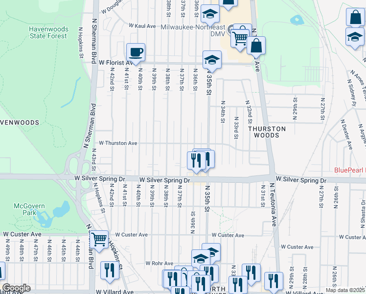 map of restaurants, bars, coffee shops, grocery stores, and more near 5690 North 37th Street in Milwaukee