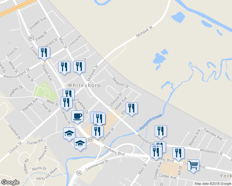 map of restaurants, bars, coffee shops, grocery stores, and more near 1 Wind Place in Whitesboro
