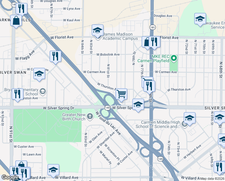 map of restaurants, bars, coffee shops, grocery stores, and more near 8009 West Thurston Avenue in Milwaukee