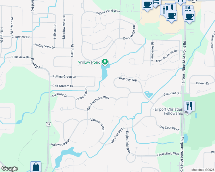 map of restaurants, bars, coffee shops, grocery stores, and more near 40 Putting Green Lane in Penfield