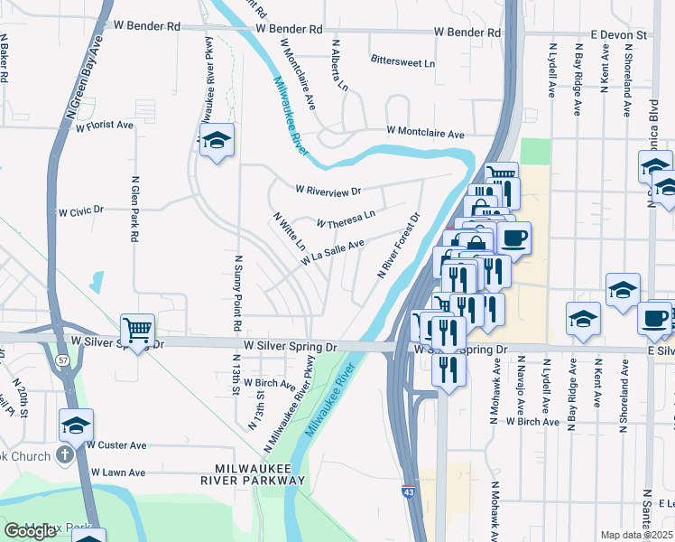 map of restaurants, bars, coffee shops, grocery stores, and more near 5755 North Sievers Place in Glendale