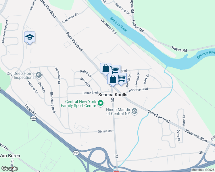 map of restaurants, bars, coffee shops, grocery stores, and more near 7257 State Fair Boulevard in Baldwinsville