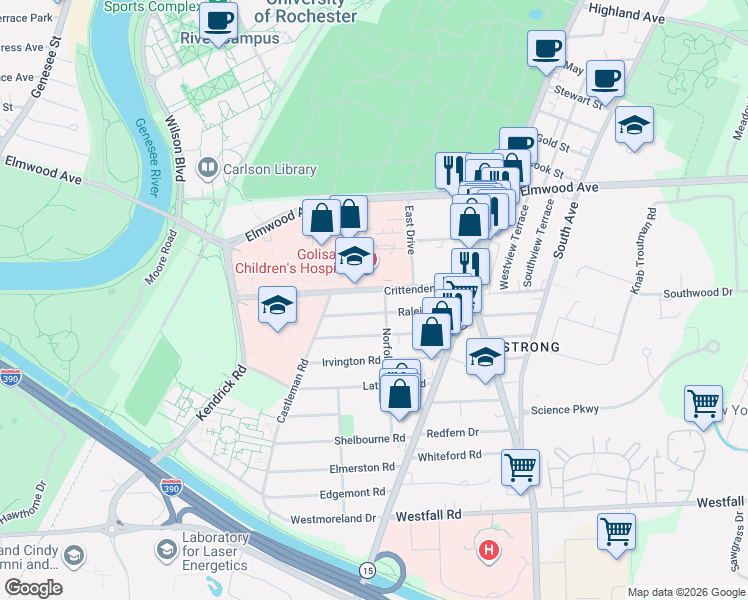 map of restaurants, bars, coffee shops, grocery stores, and more near 601 Elmwood Avenue in Rochester