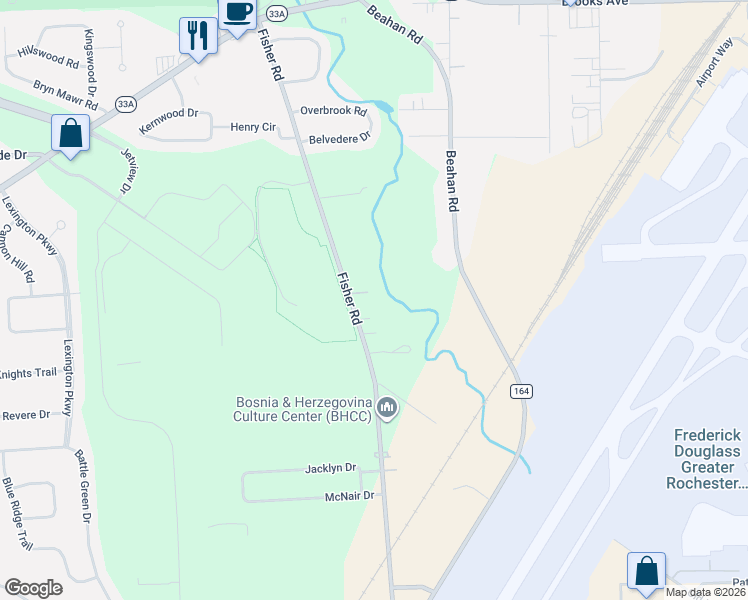 map of restaurants, bars, coffee shops, grocery stores, and more near 256 Fisher Road in Rochester