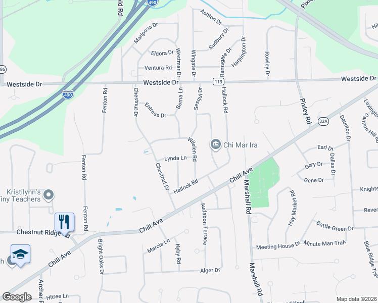 map of restaurants, bars, coffee shops, grocery stores, and more near 38 Wilelen Road in Rochester
