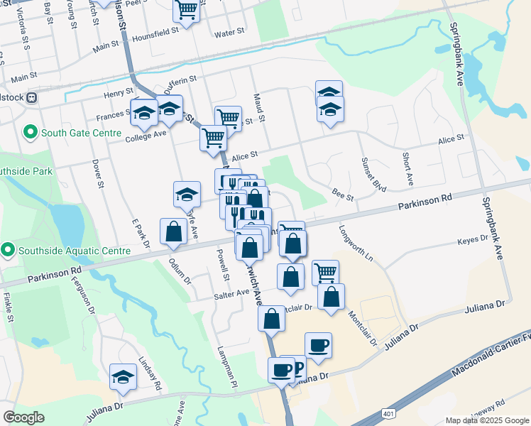 map of restaurants, bars, coffee shops, grocery stores, and more near 830 Pavey Street in Woodstock