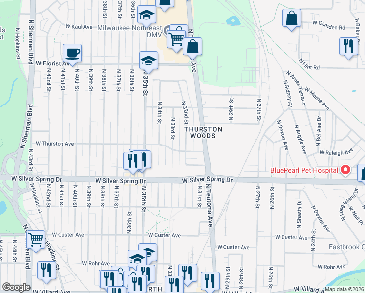 map of restaurants, bars, coffee shops, grocery stores, and more near 5746 North 32nd Street in Milwaukee