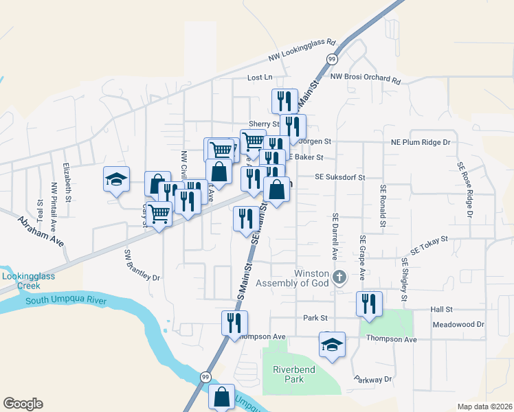 map of restaurants, bars, coffee shops, grocery stores, and more near 111 Northwest Douglas Boulevard in Winston