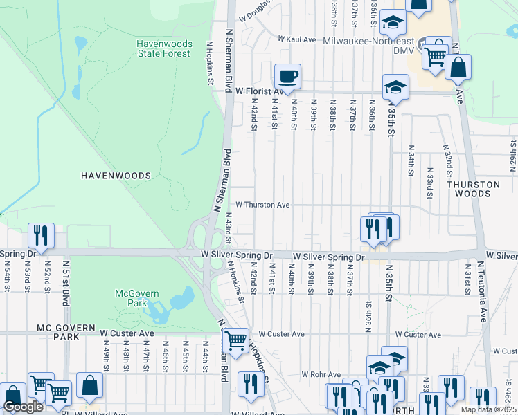 map of restaurants, bars, coffee shops, grocery stores, and more near 5696 North 42nd Street in Milwaukee