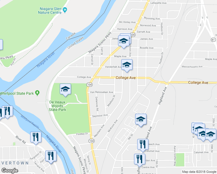 map of restaurants, bars, coffee shops, grocery stores, and more near 837 College Terrace in Niagara Falls