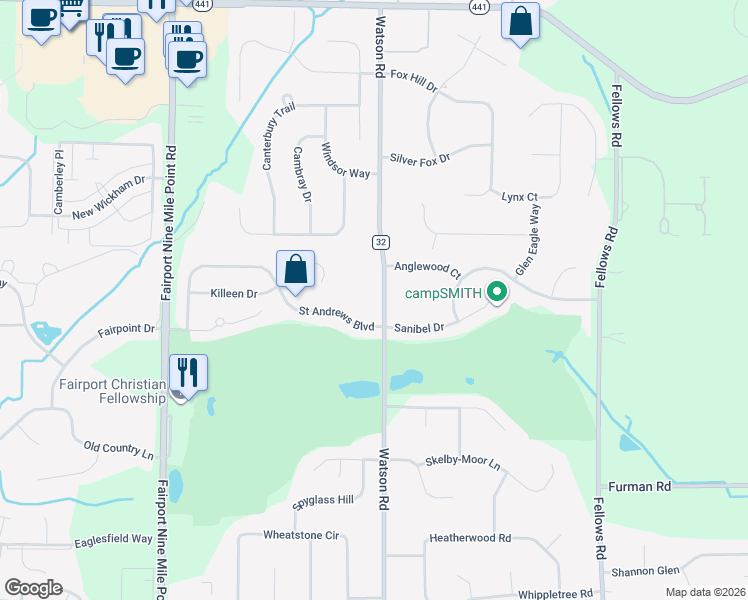 map of restaurants, bars, coffee shops, grocery stores, and more near 247 Watson Road in Fairport