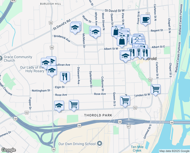 map of restaurants, bars, coffee shops, grocery stores, and more near in Thorold