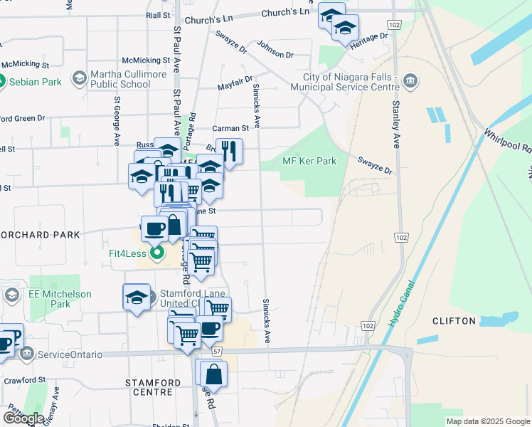 map of restaurants, bars, coffee shops, grocery stores, and more near 5956 Vine Street in Niagara Falls