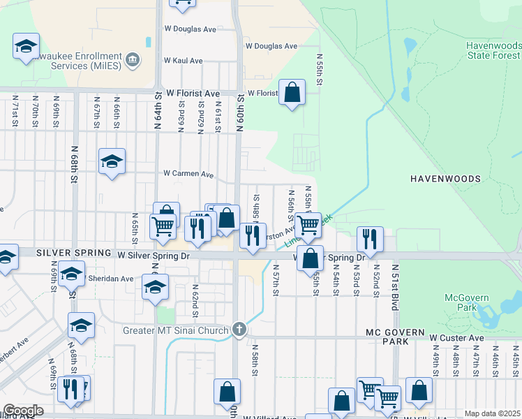 map of restaurants, bars, coffee shops, grocery stores, and more near 5692 North 58th Street in Milwaukee