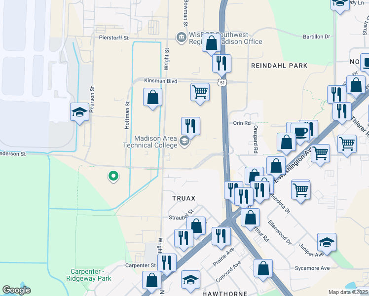 map of restaurants, bars, coffee shops, grocery stores, and more near 1701 Wright Street in Madison