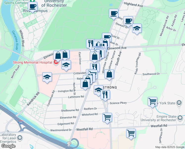 map of restaurants, bars, coffee shops, grocery stores, and more near 1431 Mount Hope Avenue in Rochester