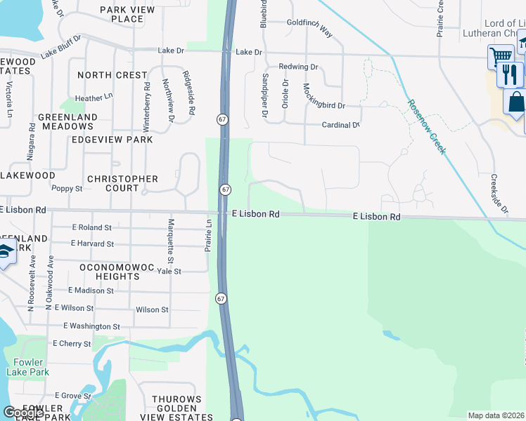 map of restaurants, bars, coffee shops, grocery stores, and more near W368N5654 Indianhead Trail in Oconomowoc