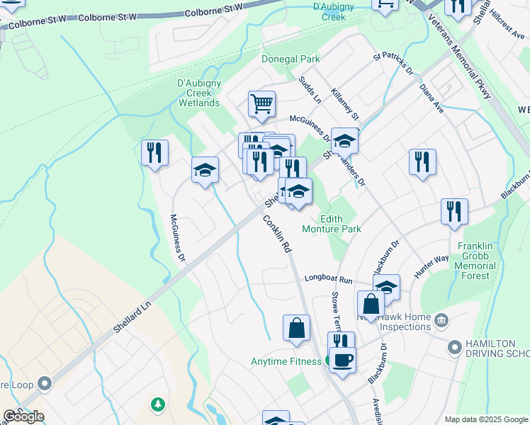 map of restaurants, bars, coffee shops, grocery stores, and more near 230 Shellard Lane in Brantford