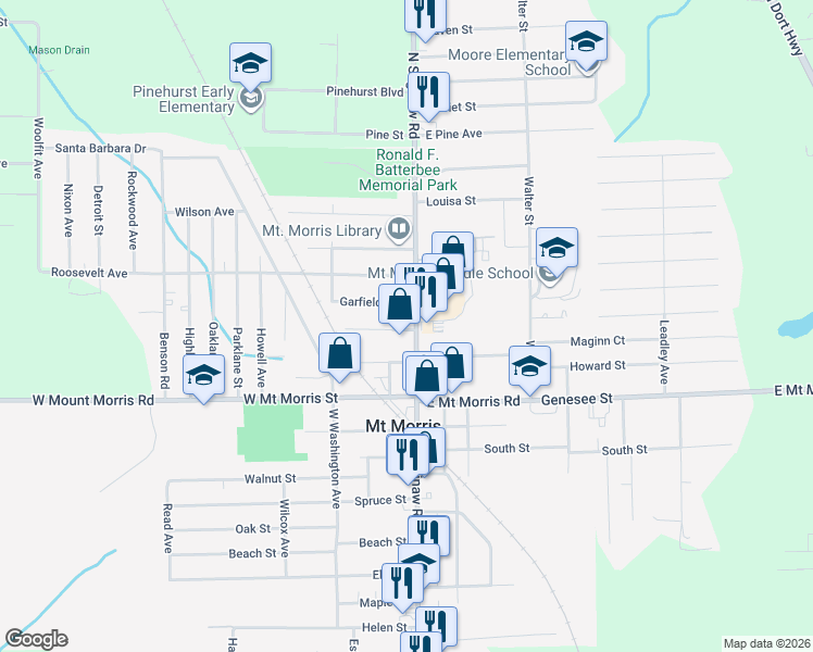 map of restaurants, bars, coffee shops, grocery stores, and more near 678 Garfield Avenue in Mount Morris