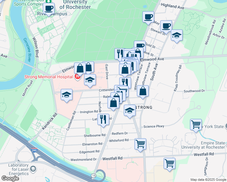 map of restaurants, bars, coffee shops, grocery stores, and more near 61 Crittenden Boulevard in Rochester