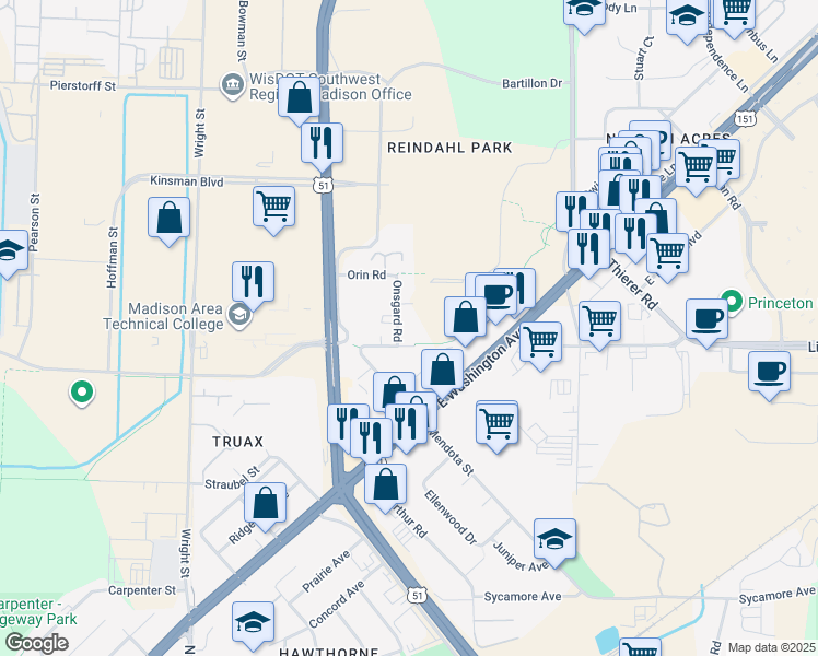 map of restaurants, bars, coffee shops, grocery stores, and more near 1705 Onsgard Road in Madison