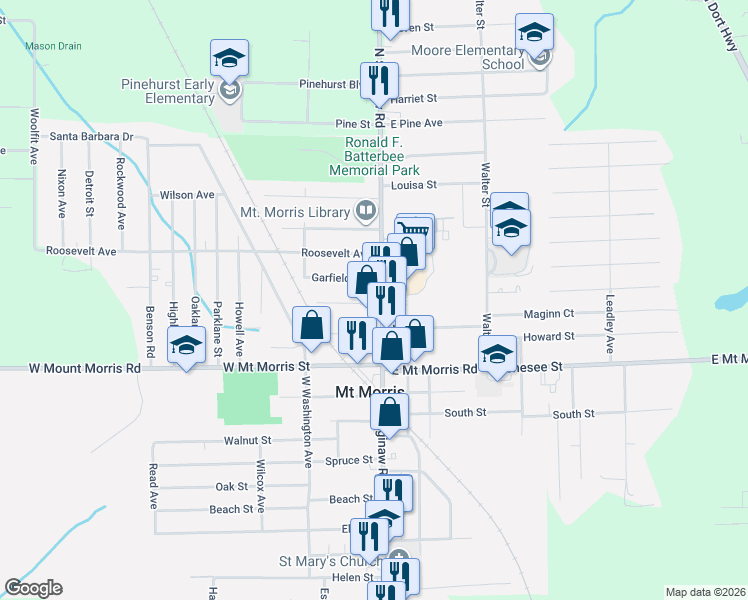 map of restaurants, bars, coffee shops, grocery stores, and more near 678 Garfield Avenue in Mount Morris