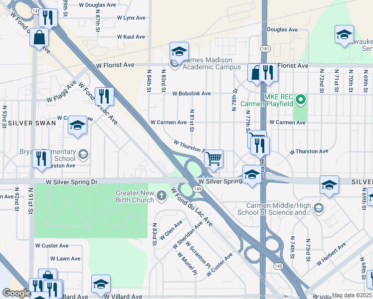 map of restaurants, bars, coffee shops, grocery stores, and more near 5721 North 81st Street in Milwaukee