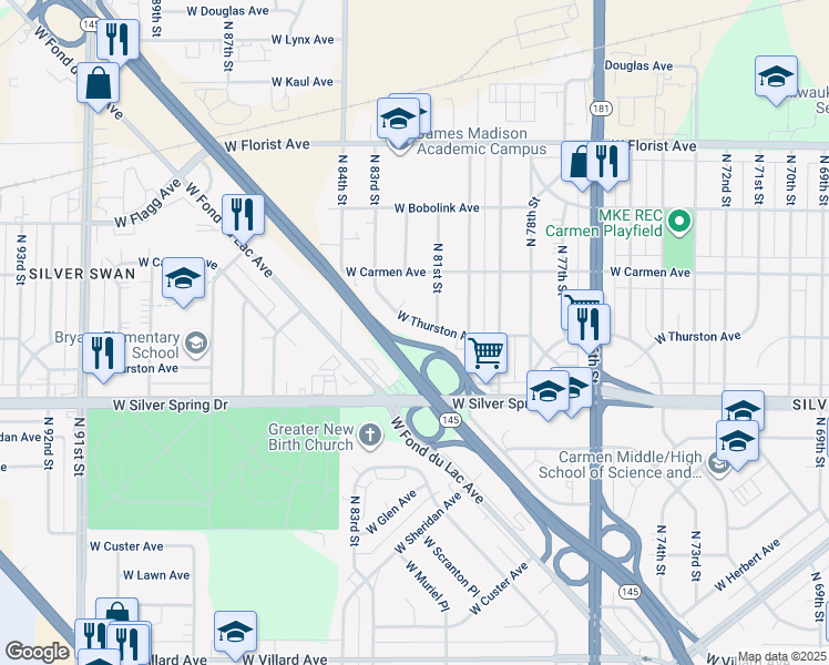 map of restaurants, bars, coffee shops, grocery stores, and more near 5721 North 81st Street in Milwaukee