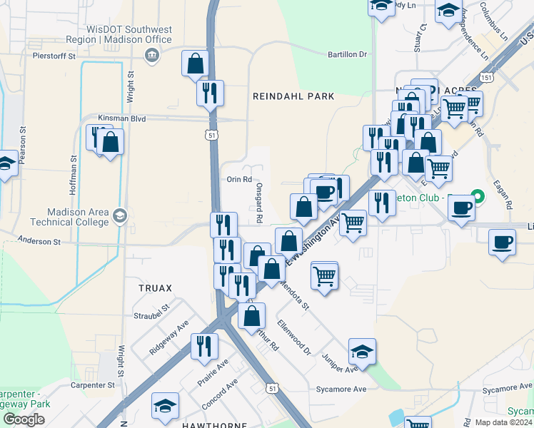 map of restaurants, bars, coffee shops, grocery stores, and more near 1713 Onsgard Road in Madison