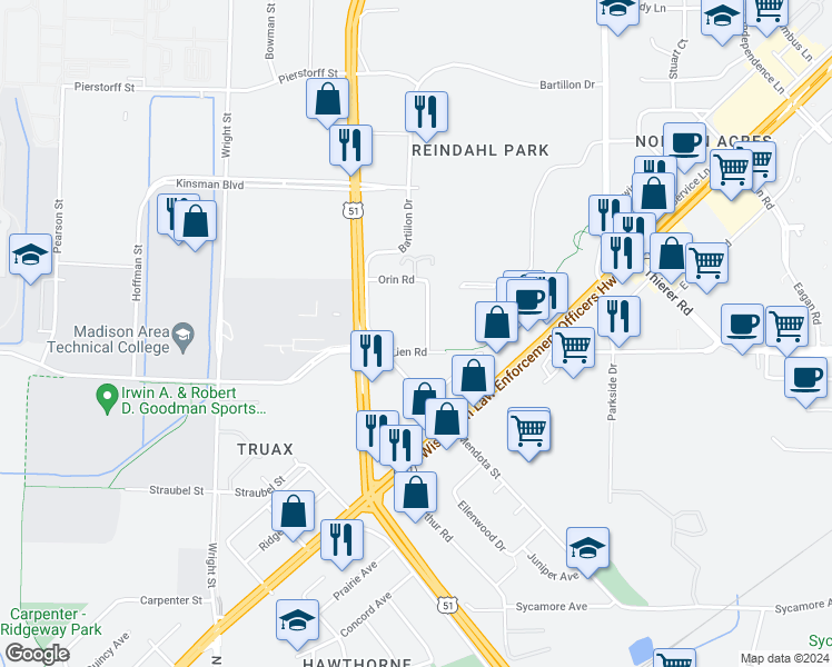 map of restaurants, bars, coffee shops, grocery stores, and more near 1717 North Stoughton Road in Madison